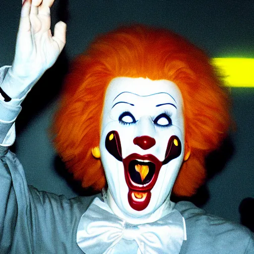 Image similar to creppy 2 0 0 1 photo of ronald mcdonald screaming in a dark room