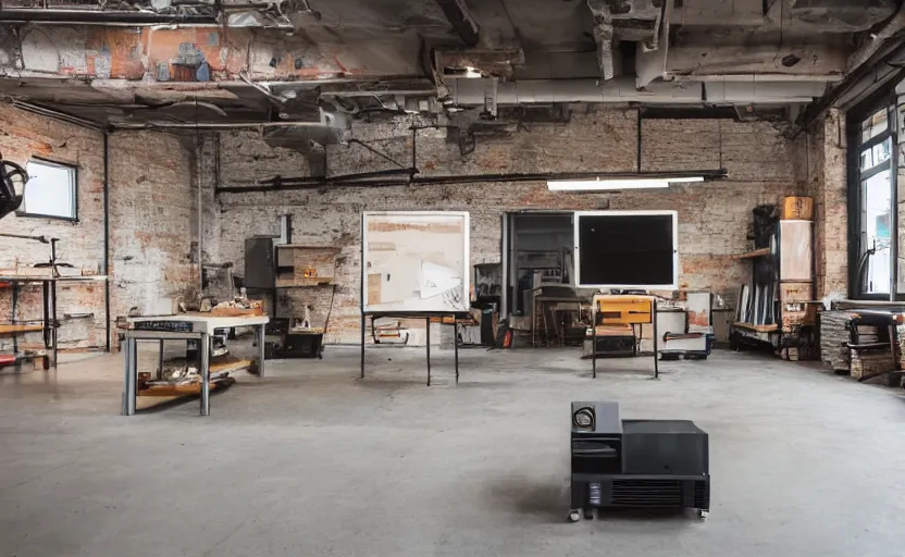 Prompt: an old warehouse that is turned into a workshop with a staple of vintage televisions