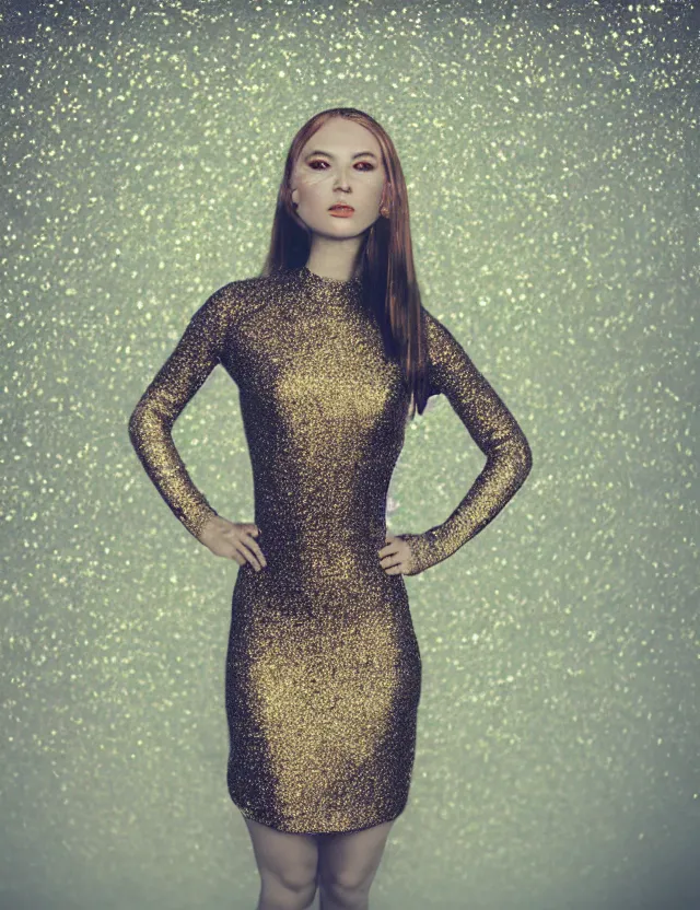 Image similar to conceptual polaroid photo with flash, portrait of a woman in glitter dress, polaroid photo strong lights, kodak film stock, hyper real, stunning moody cinematography, with anamorphic lenses, by maripol, detailed