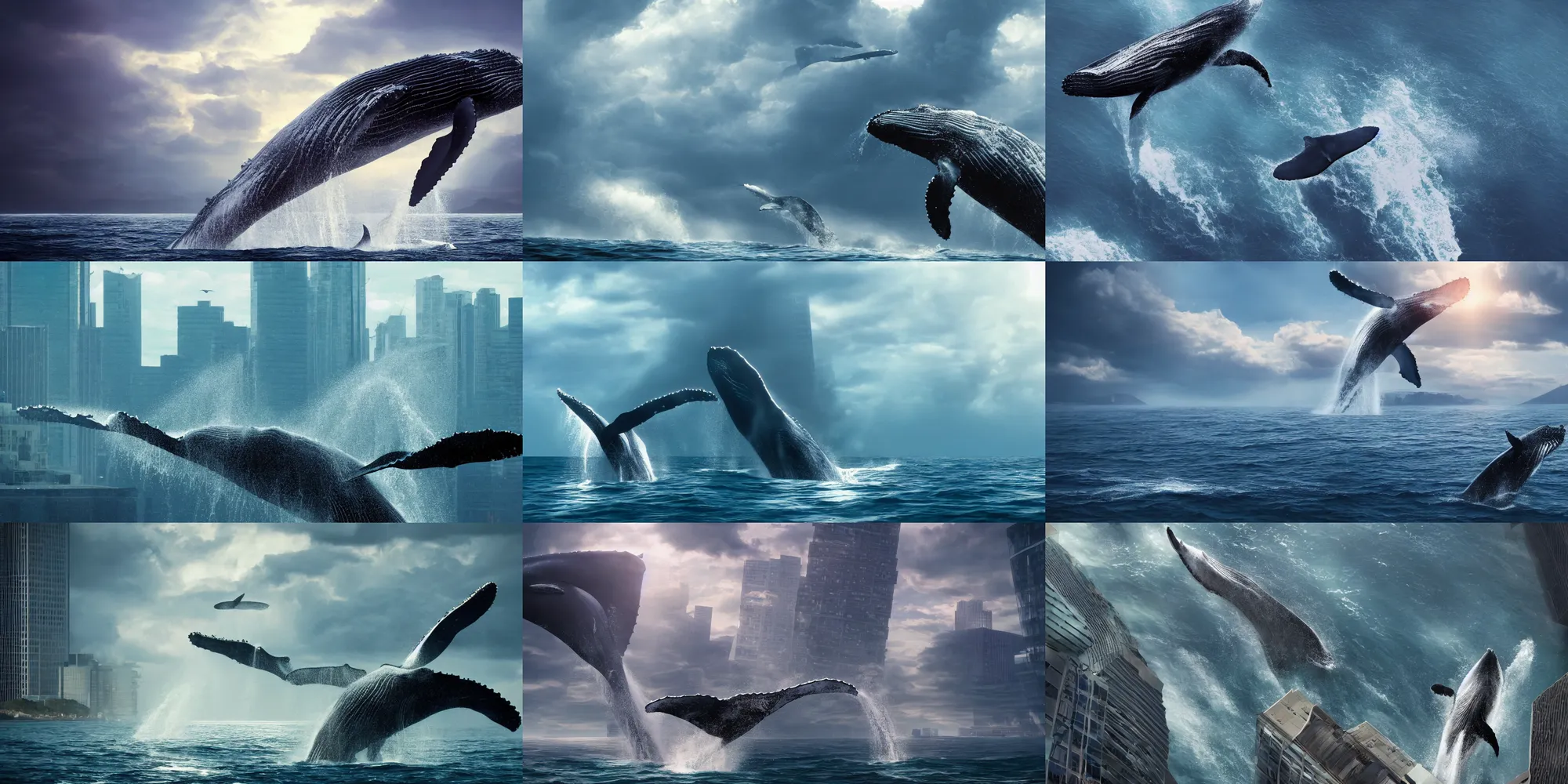 Prompt: a huge humpback whale is swimming in mid air near a skyscraper, epic, cinematic shot, soft light, soft colore, artstation, atmosphere, high definition