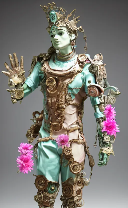 Prompt: a young handsome latino ceramic and pink iron-plated android prince with a large glowing mint crystal in the center of his chest, full-body bronze cyberpunk style statue of Andromeda with glowing green laser eyes, crown of mechanical chrysanthemums, flowing aqua silk, fabric, steampunk flowers. baroque elements, human hands. full-length view. baroque element. intricate artwork by caravaggio. many flying horses on background. Trending on artstation, octane render, cinematic lighting from the right, hyper realism, octane render, 8k, depth of field, 3D