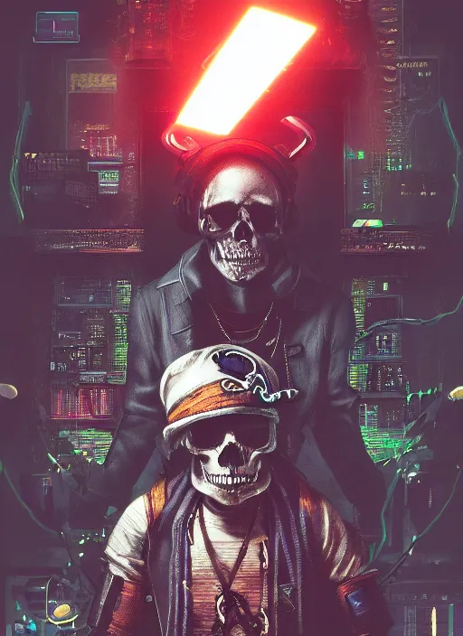 Image similar to a cyberpunk hacker pirate captain skeleton with a pirate hat sitting in front of a crt monitor programming in a dark room, light coming from crt monitor, highly detailed, intricate, digital art, trending on artstation, trending on cgsociety