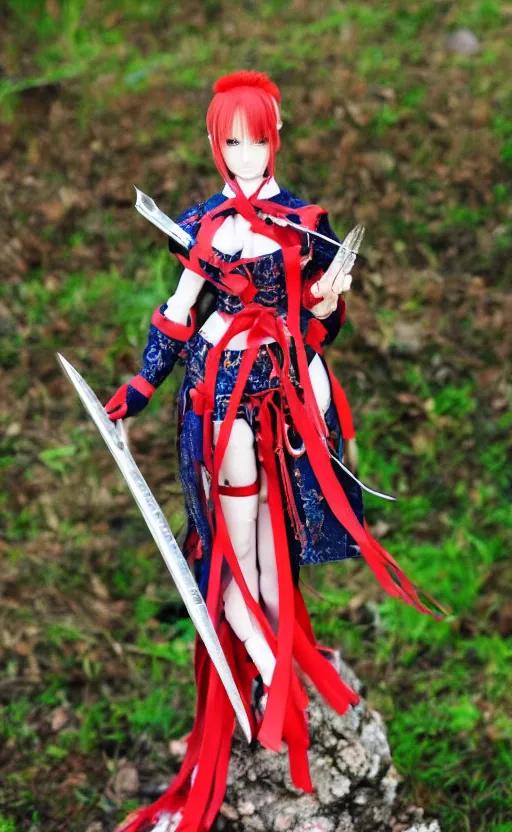 Image similar to dollfie in samurai suit, red hair, blue eyes,