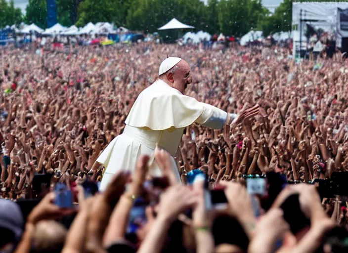 Image similar to photo still of pope francis at the vans warped tour!!!!!!!! at age 3 6 years old 3 6 years of age!!!!!!!! stage diving into the crowd, 8 k, 8 5 mm f 1. 8, studio lighting, rim light, right side key light