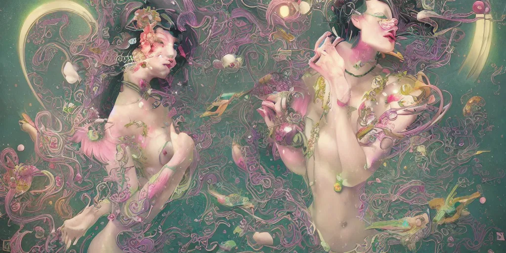 Prompt: breathtaking detailed cosmic girl splatoon nintendo concept art painting art deco pattern of birds goddesses amalmation flowers, by hsiao ron cheng, tetsuya ichida, bizarre compositions, exquisite detail, extremely moody lighting, 8 k, art nouveau, old chines painting