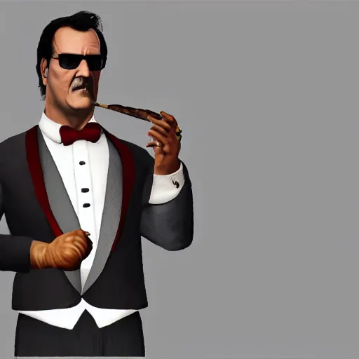 Image similar to portrait of bruce campbell dressed in a tuxedo smoking a cigar. gta v graphics