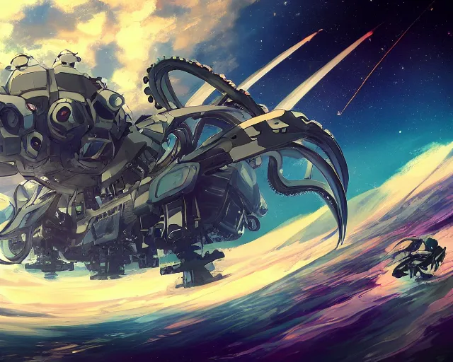 Image similar to beautiful picture of a giant mecha octopus, floating in space, anime style, art by Hajime Katoki, trending on artstation