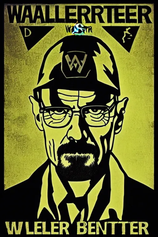 Image similar to poster of walter white, in the style of megadeth's album covers