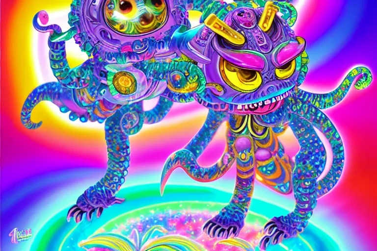 Image similar to lisa frank illustration of rebulon the cute ancient demon, by lisa frank, masterpiece concept art, 8 k, intricate detail, cinematic lighting, epic pose, bright colors