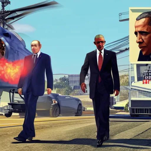 Image similar to Vladimir Putin and Barack Obama in GTA V, Cover art by Stephen Bliss, Boxart, loading screen