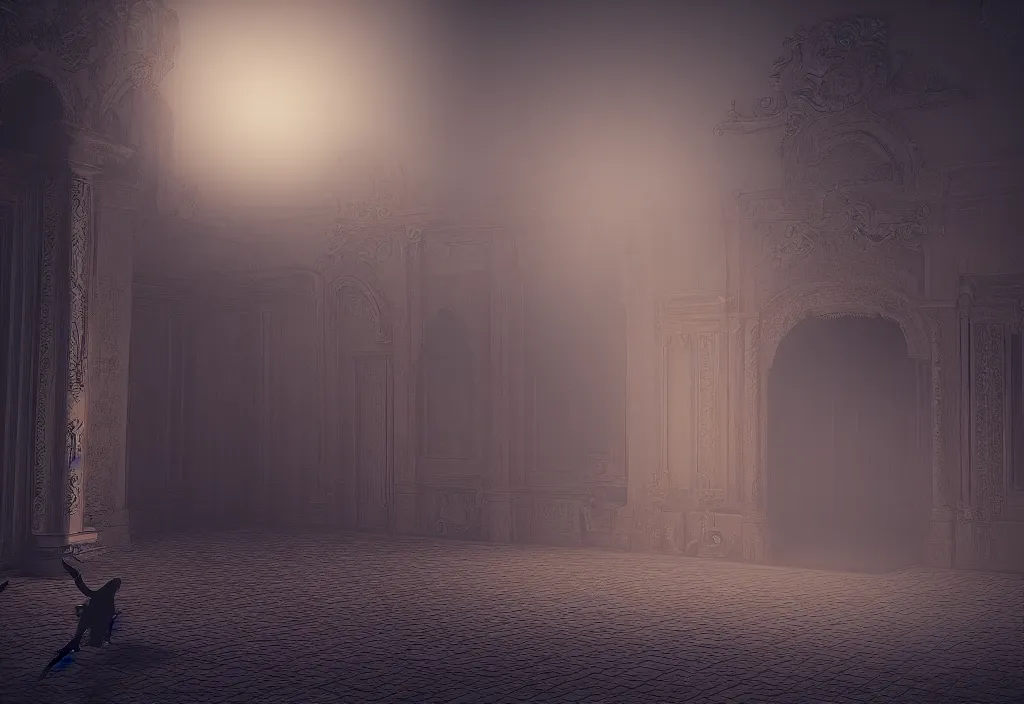 Image similar to a sfx demon inside a pristine palace, sunset, rendered in octane, mood fog