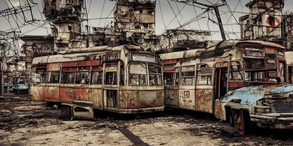 Prompt: low wide angle shot of dilapidated fallout 5 europa, retro futuristic overgrown euro cityscapes, desolate, dilapidated neon signs, few rusted retro futuristic vintage parked vehicles like cars, buses, trucks, trams, volumetric lighting, photorealistic, daytime, spring, clear weather, sharp focus, ultra detailed, 3 5 0 0 k