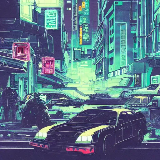 Image similar to Masamune Shirow simon stalenhag exterior armored honda civic crx street neo tokyo cyberpunk. ian mcque ink calligraphy art James Gilleard.