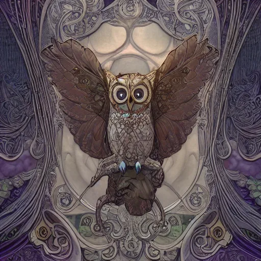 Image similar to cute owl, organic, epic, baroque art nouveau, manga, james jean, mucha, yoshitaka amano, photorealistic rendering, 3 ds max + v - ray, extremely detailed and complex, center composition, elegant, vfx, unreal engine 5, octane rendering, very contrasting, very sharp lines