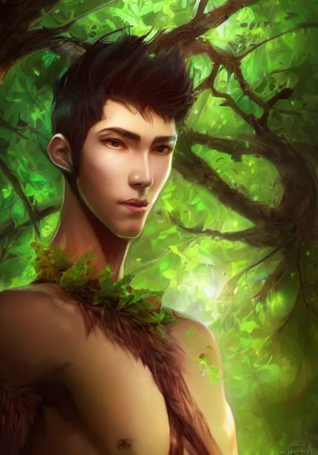 Image similar to A realistic anime portrait of a handsome dryad with glowing green eyes and tree bark skin wearing clothes made of leaves, digital painting, by Stanley Artgerm Lau, Sakimichan, WLOP and Rossdraws, digtial painting, trending on ArtStation, SFW version