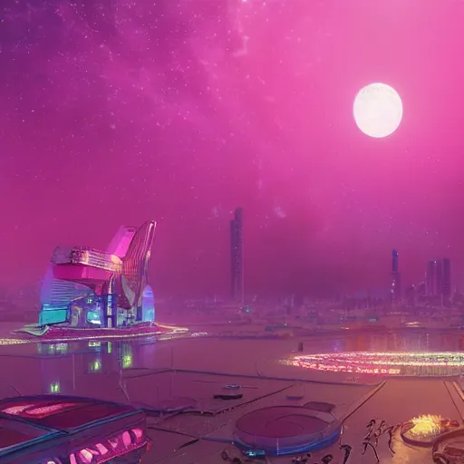 Prompt: semi-futuristic pink utopian tropical metropolis at night, view of the starry midnight skies and three moons, hyperdetailed, artstation, cgsociety, 8k