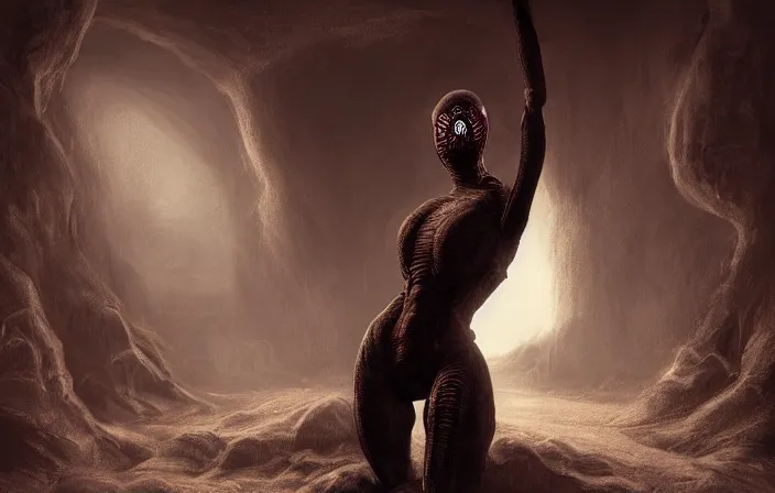 Prompt: creepy matte painting of an armored humanoid female spider monster with no eyes with eight spider legs in a dark cave, ultra detailed, monster, half human half spider, human torso and head, spider thorax, human face, human arms, creature design, concept art, 8 k, moody lighting, muted colors, dramatic lighting, realistically proportioned face