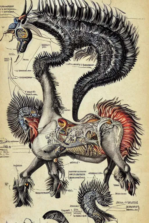 Image similar to anatomical encyclopedia illustration of a kirin, photorealistic, diagram, intricate details