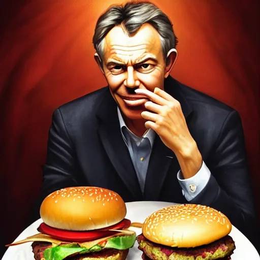 Image similar to portrait of Tony Blair eating hamburgers, extra onions and ketchup, luscious patty with sesame seeds, feminine ethereal, handsome, D&D, fantasy, intricate, elegant, highly detailed, digital painting, artstation, concept art, matte, sharp focus, illustration, art by Artgerm and Greg Rutkowski and Alphonse Mucha