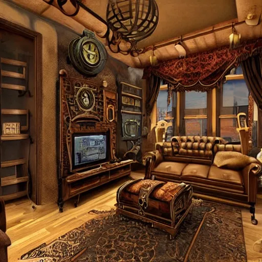 Image similar to steampunk living room, interior design, steam