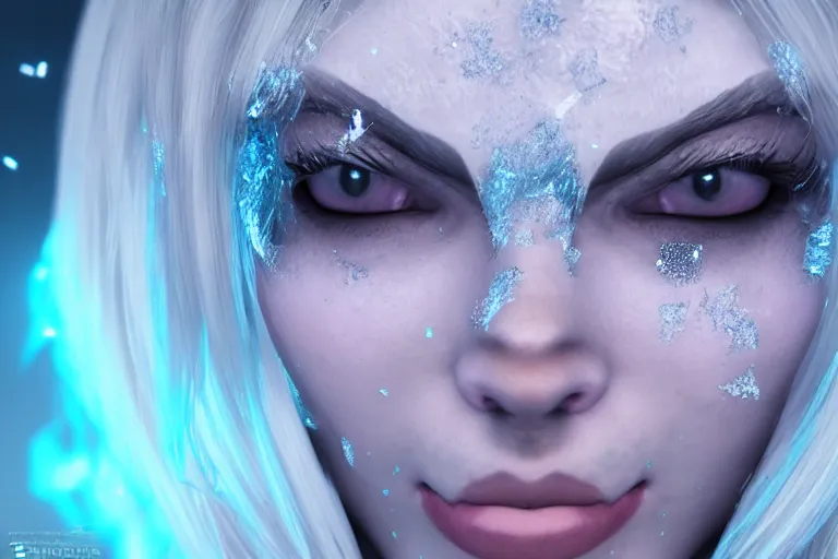 Prompt: HD render of Malevolent Ice Queen with round ice crystals on forehead in the style of Artstation, Unreal Engine, photorealistic, reflective