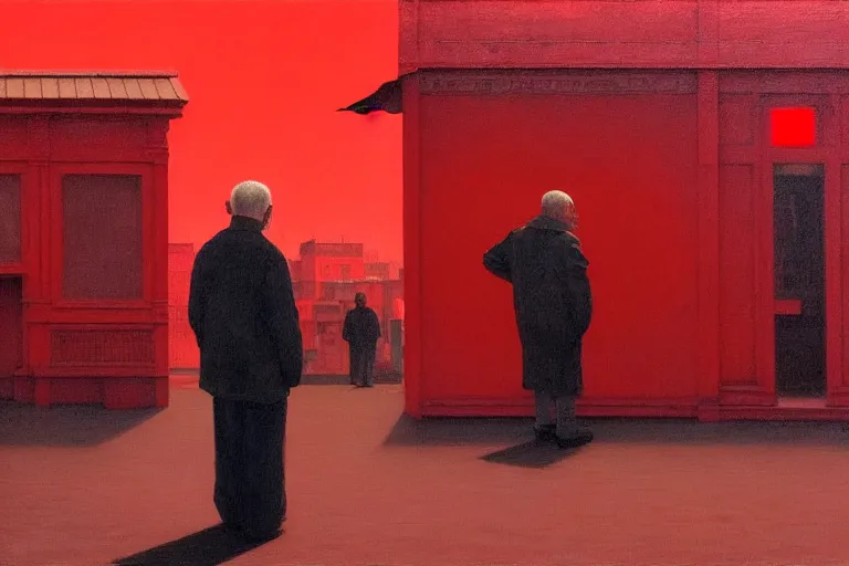 Image similar to only with red, a red old man try to sell a portrait, crowd cheering, in a city square, in the style of beksinski, parts by edward hopper, parts by rodcenko, parts by yue minjun, intricate and epic composition, red by caravaggio, insanely quality, highly detailed, masterpiece, red light, artstation, 4 k