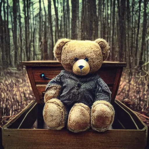 Image similar to “Teddybear, on a dresser, in the woods, horror style”