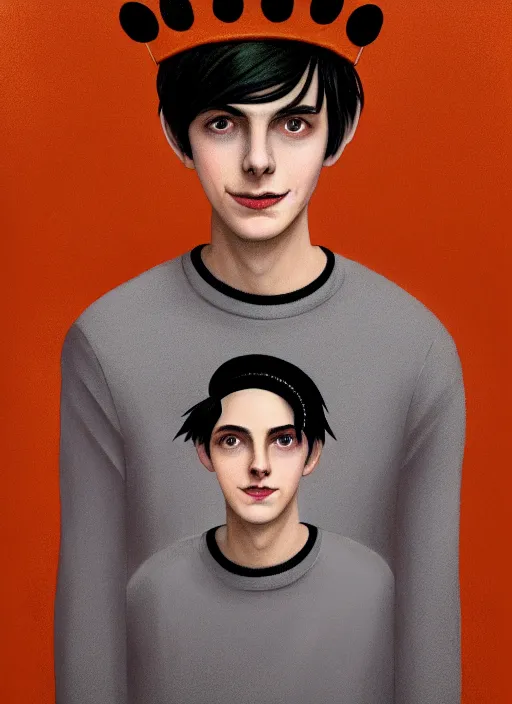 Image similar to portrait of teenage jughead jones wearing a light grey crown, symmetrical crown, sweater with picture of hamburger, eyes closed, crown, black hair, orange, intricate, elegant, glowing lights, warm lighting, highly detailed, digital painting, artstation, concept art, smooth, sharp focus, illustration, art by wlop, mars ravelo and greg rutkowski