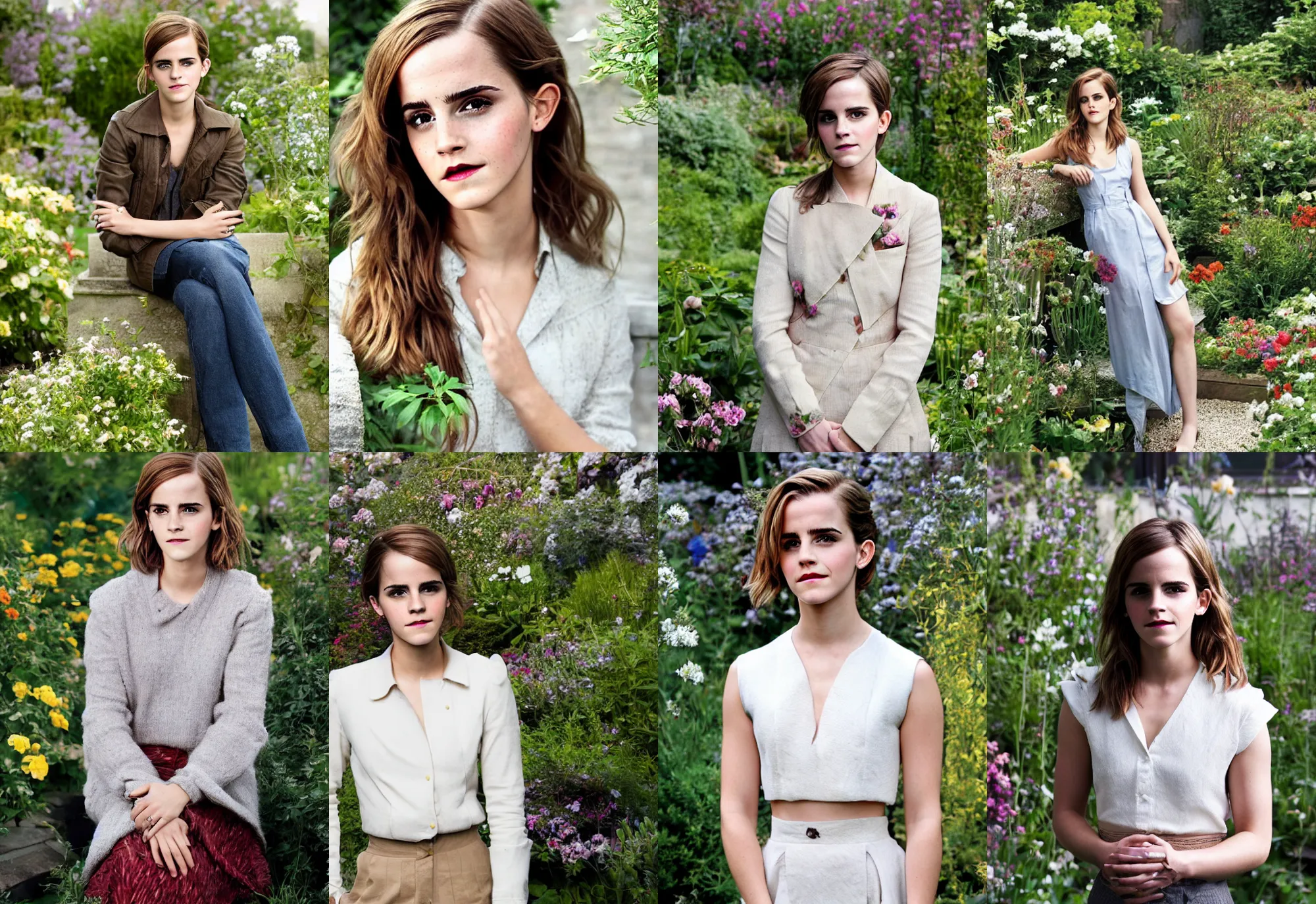 Prompt: Portrait Photograph of Emma Watson in a cottegecore garden