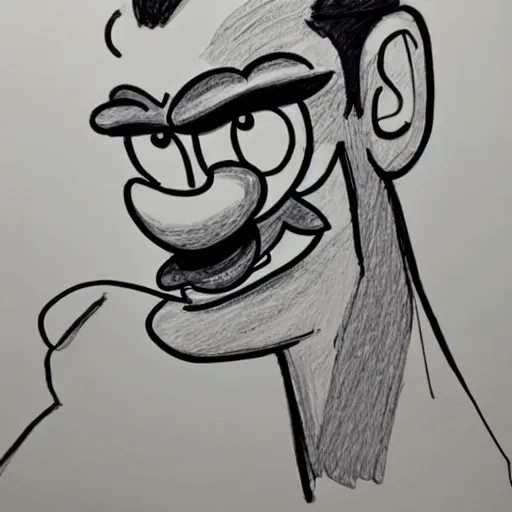 Prompt: continuous single line contour - drawing of waluigi, pen on white paper