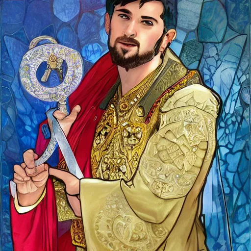 Prompt: charming tailor of middle - eastern descent, dressed in fine colorful robes and jewelry over fantasy armor, goatee, smirking, holding a magic needle, fantasy art by barret frymire by artem priakhin, art by artgerm and greg rutkowski and alphonse mucha, artstation, matte, illustration, intricate, highly - detailed high resolution