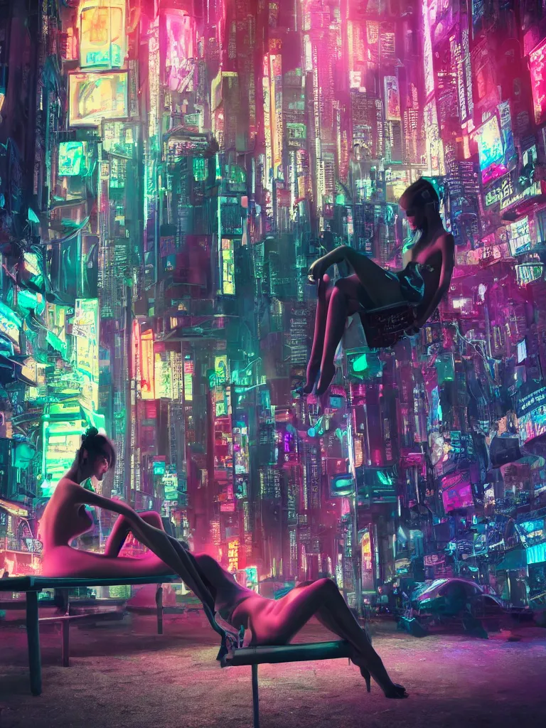 Image similar to photorealistic 50mm shot of a beautiful nymph reclining, on a bench, in a futuristic cyberpunk neon city