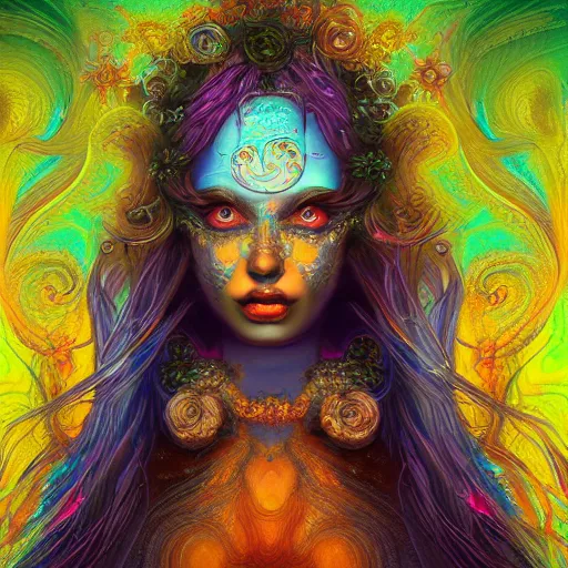 Image similar to An extremely psychedelic portrait of deep sea goddess, surreal, LSD, face, detailed, intricate, elegant, lithe, highly detailed, digital painting, artstation, concept art, smooth, sharp focus, illustration