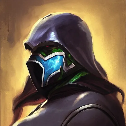 Image similar to greg manchess portrait painting of partially armored jade from mortal kombat wearing a half mask as overwatch character, medium shot, asymmetrical, profile picture, organic painting, sunny day, matte painting, bold shapes, hard edges, street art, trending on artstation, by huang guangjian and gil elvgren and sachin teng