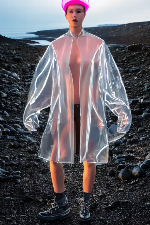 Image similar to an ultra high definition professional high fashion portrait studio full length photograph of a model wearing a transparent pearlescent raincoat and neon visor in an icelandic black rock environment at dawn. no artefacts. extremely detailed. stark. refraction. shallow depth of field. volumetric light and shadow. ray tracing. light rays.