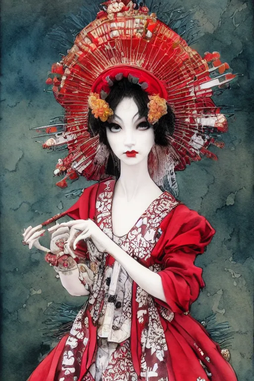 Image similar to watercolor painting of an avant - garde japanese bjd geisha queen in a victorian lolita fashion red dress in the style of dark - fantasy painted by yoshitaka amano, christopher shy, ayami kojima, dmt art, symmetrical vogue face portrait, intricate detail, artstation, cgsociety, artgerm, rococo