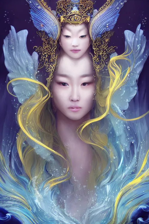 Prompt: a beautiful young Asian woman, Queen of the Sea Mu Yanling, long flowing white hair, blue and yellow robe that resembles floating wings, water flowing and floating around, young female face, liquid magic, cinematic top lighting, insanely detailed and intricate, face by wlop, Charlie Bowater, golden ratio, symmetrical proportions, elegant, ornate, luxury, elite, matte painting, MTG, magic the gathering, trending on artstation, cinematic, cgsociety, 8k, high resolution,