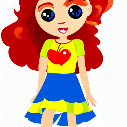 Prompt: flat shaded cartoon cute girl figure with curly blond hair, blue wide eyes. the girl is wearing red shirt and yellow short dress. she is waling home from school.