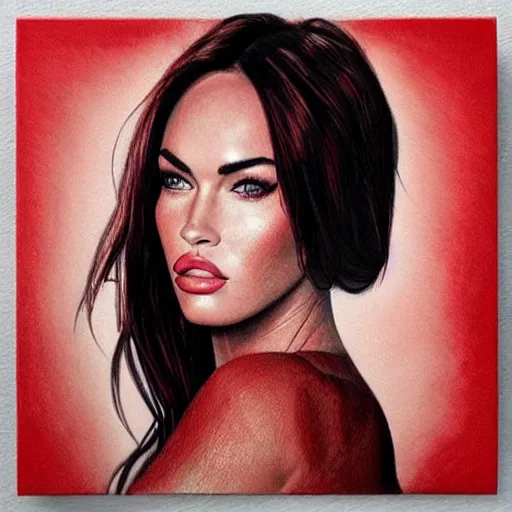 Prompt: “Beautiful Megan Fox Red pencil paintings, red white colors, ultra detailed portrait, 4k resolution”