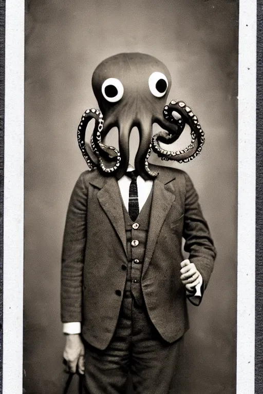 Image similar to anthropomorphic octopus , wearing a suit, tentacles spilling out of the collar, vintage photograph, sepia