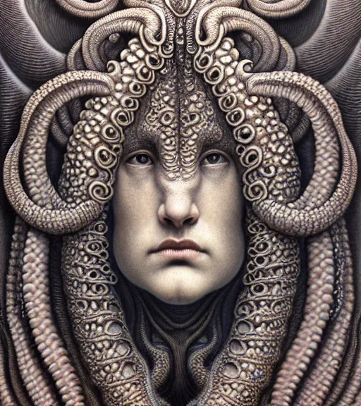 Image similar to detailed realistic beautiful kraken goddess face portrait by jean delville, gustave dore, iris van herpen and marco mazzoni, art forms of nature by ernst haeckel, art nouveau, symbolist, visionary, gothic, neo - gothic, pre - raphaelite, fractal lace, intricate alien botanicals, ai biodiversity, surreality, hyperdetailed ultrasharp octane render