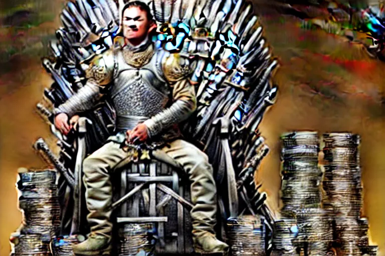 Image similar to man sitting, on a throne made of money, coins and dollars, in the style of game of thrones