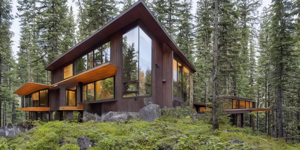 Image similar to large modern lodge type residence, cascadian, cedar and concrete, many large windows