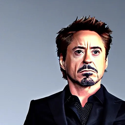 Image similar to Robert Downey Jr. with a very tired and tired face rolls his eyes, in a business black suit crossed his arms, stands indoors, the background is blurred, focus in the foreground, realism, details,