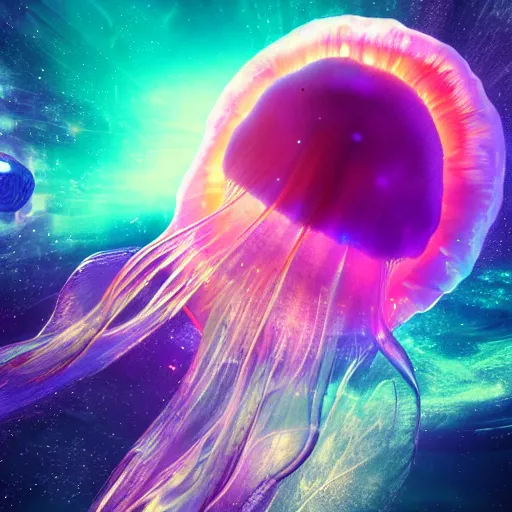 Prompt: unknown undiscovered jellyfish swimming in outer space nebula, 4 k, ultra detail, ultra realistic, 8 k, octane render, unreal engine, beeple