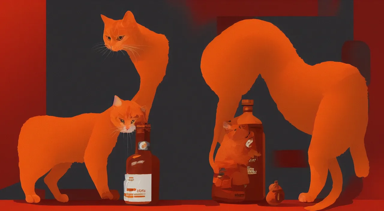 Prompt: a cat standing next to a bottle of medicine. orange cat. animal. digital art. artstation. illustration. background color is red.