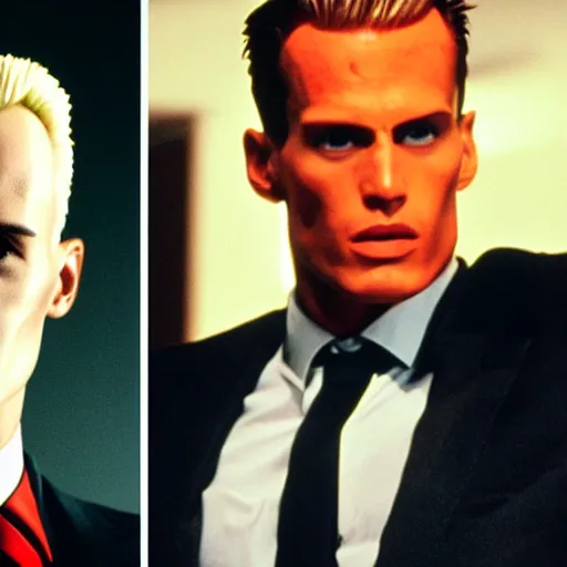 Image similar to max headroom as the american psycho, bateman stare, cinematic still