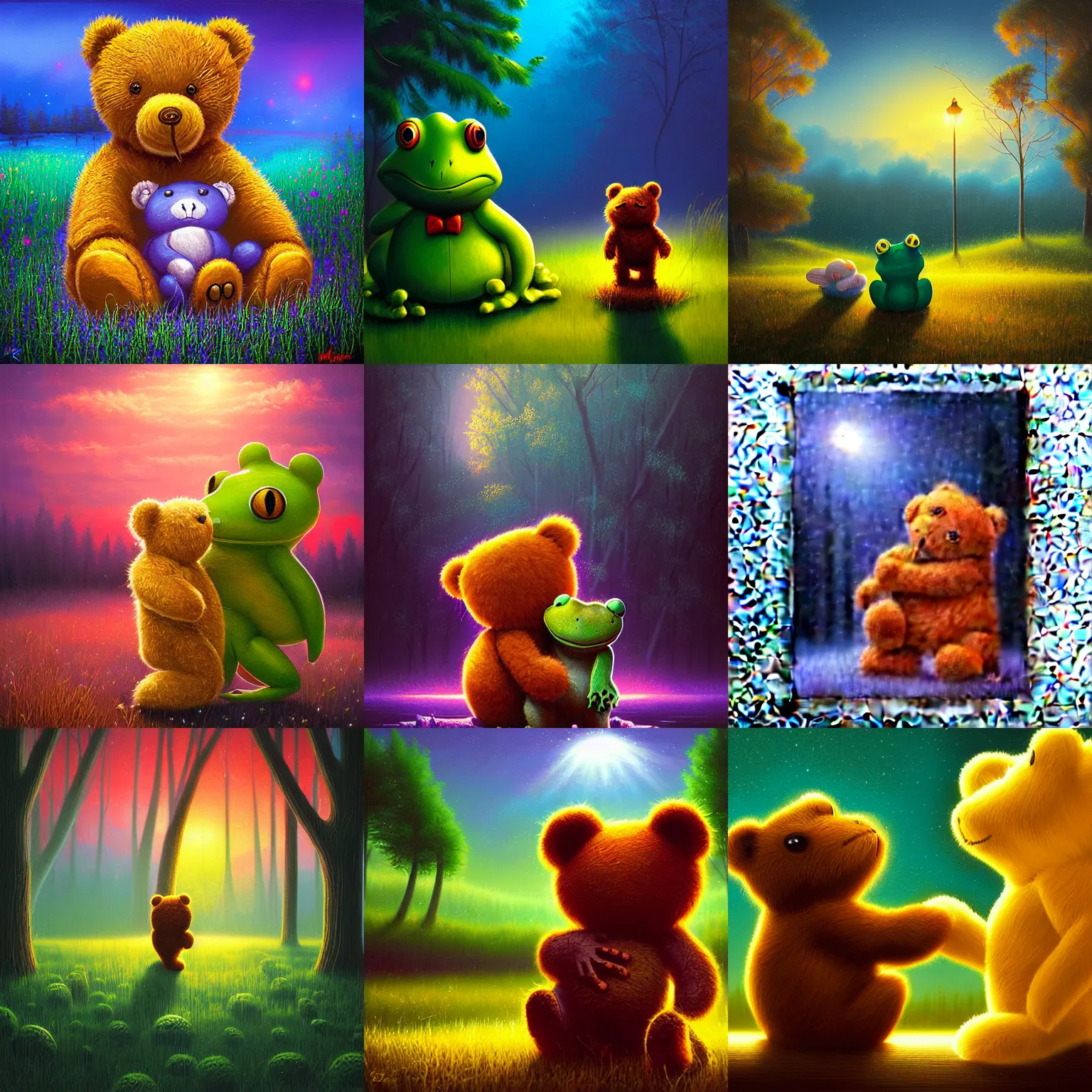 Prompt: a teddy bear hugging a frog, by alena aenami and phil koch and rhads