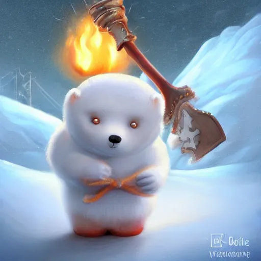 Image similar to cute porcelain doll ice bear with axe in san fransisco, mark ryden style, vivid colors, high details, cinematic, 8 k resolution, beautiful detailed, photorealistic, digital painting, dark atmosphere, artstation, concept art, smooth, sharp focus, illustration, fantasy background, artstation trending, octane render, unreal engine