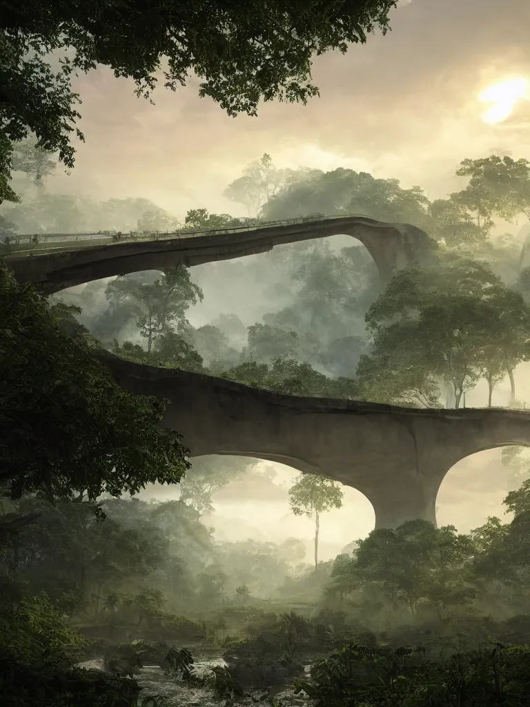 Image similar to a high magnificent broken bridge, surrounded by lush green vegetation, stunning volumetric lighting, sunset, solid concrete, stunning skies, trending on Artstation, 8k, photorealistic, hyper detailed, unreal engine 5, IMAX quality, cinematic, epic lighting, in the style of DOOM and Quake and Le Corbusier and Greg Rutkowski